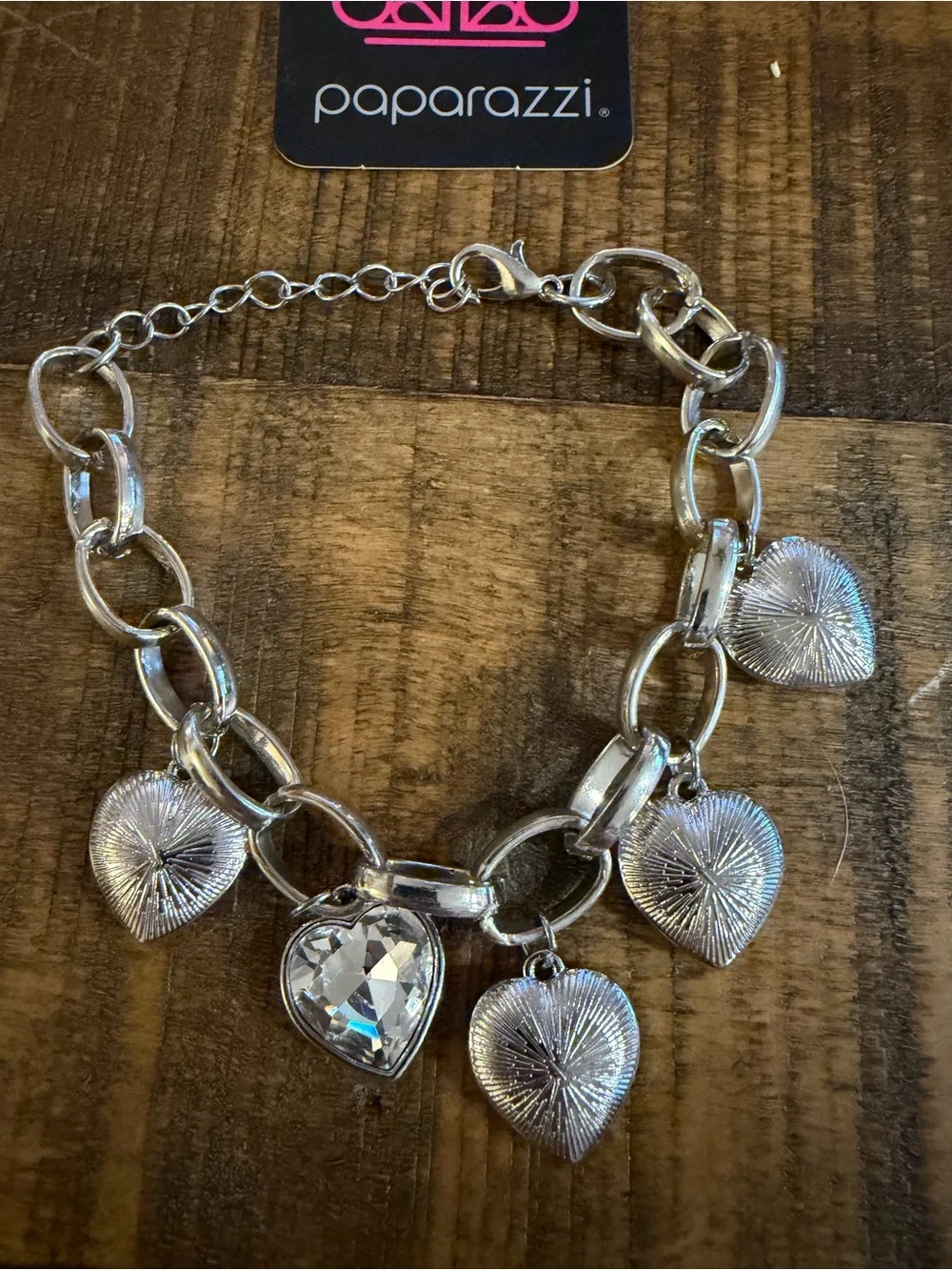 paparazzi Silver Heart Charm Bracelet with Clear Gem